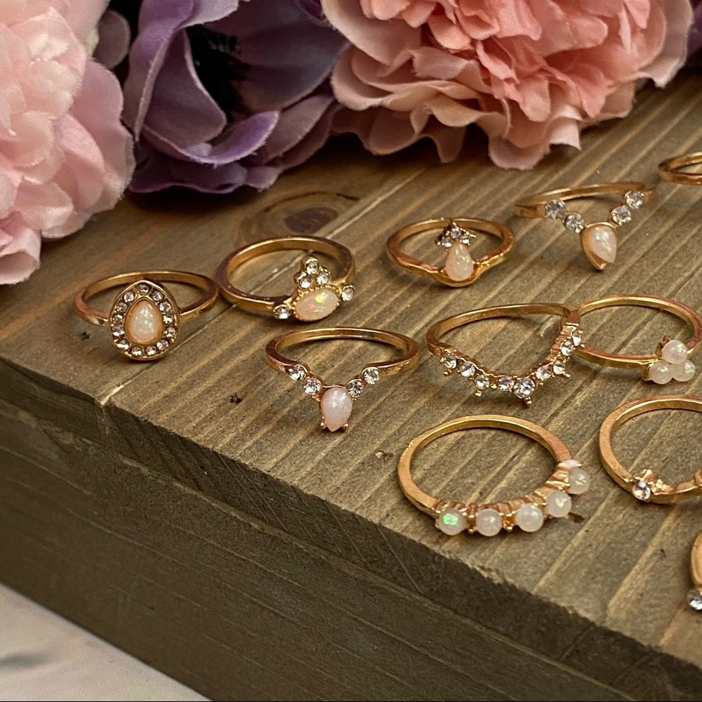 16 Pcs Boho Gypsy Gold, Crystal & Opal Ring Set - Picture 8 of 14